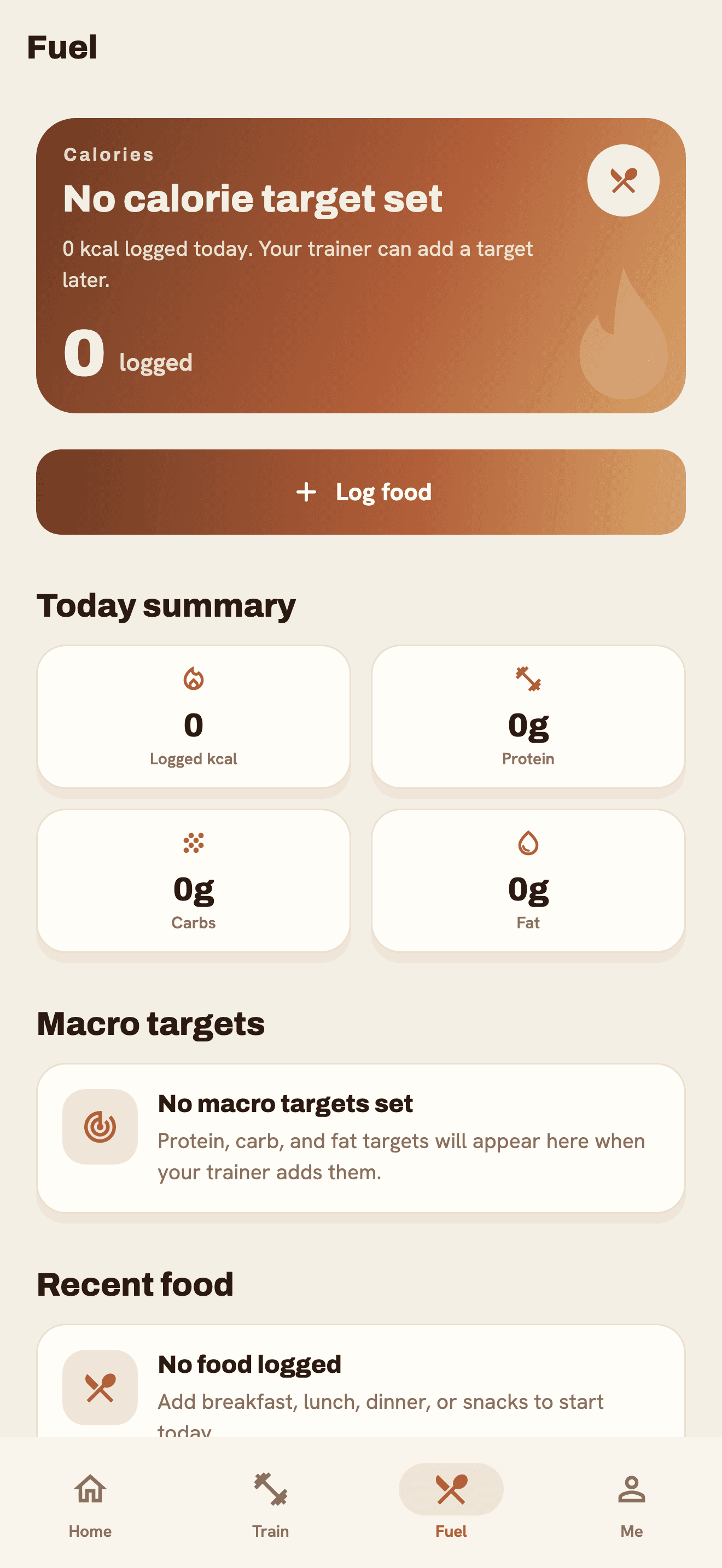 Fitness coaching app nutrition screen.