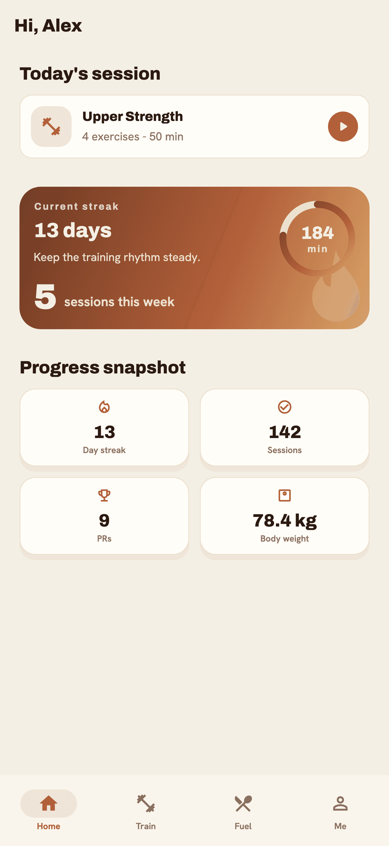 Fitness coaching app home screen showing the client's workout and progress.